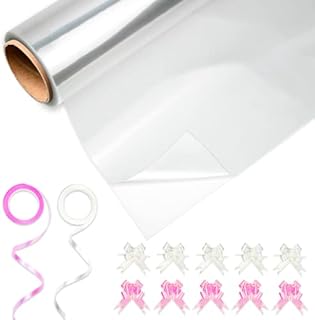 HURUC Clear Cellophane Wrap for Hampers 80cmx30m with Large 10 Pull Bows and 2 Ribbons, Florist Cellophane Wrap Rolls to pack Gifts Baskets flowers for Birthday, Anniversary, Wedding