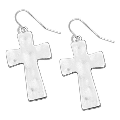 Rosemarie & Jubalee Women's Chic Western Style Matte Finish Hammered Metal Cross Religious Dangle Earrings, 1.75"2