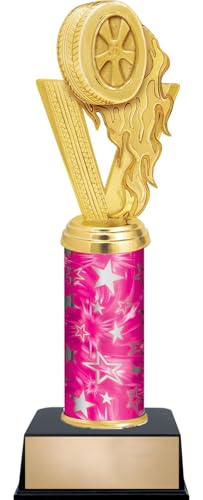 11" Auto Racing Tire Fireball Trophies - Custom Engraved Racing Pink and Silver Star Column Trophy Awards