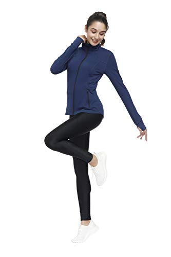 Dolcevida Women’s Lightweight Full Zip Active Wear Workout Yoga Track Jackets Athletic Running Jacket Top with Zip Pockets and Thumb Holes (Navy, M)