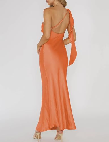 Image of 2026 Satin One Shoulder Maxi Dress for Women Summer Silk Formal Elegant Backless Ruffle Sleeveless Wedding Guest Dresses