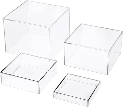 kiooil Set of 4 Crystal Clear Acrylic Boxes Cube Display Buffet Nesting Risers with Hollow Bottoms