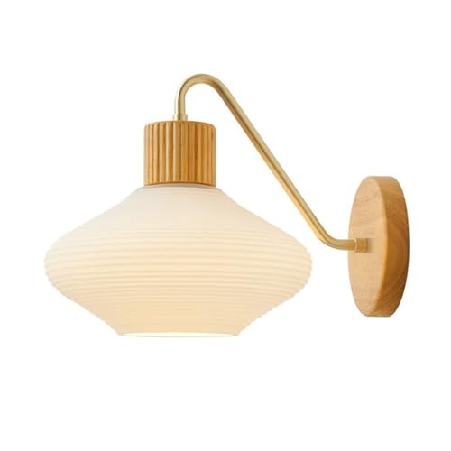 Image of LYMSXAZOU Industrial Style Wall Lights with Milky White Glass Shade Wooden Base Retro Modern Lamp for Living Rooms, Bedrooms Bedside, Entrance Halls, Entranceways