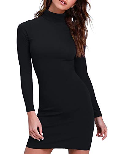 Amilia Womens Sexy Turtleneck Long Sleeve Elegant Bodycon Casual Club Party Slim Short Sheath Mini Dress Black