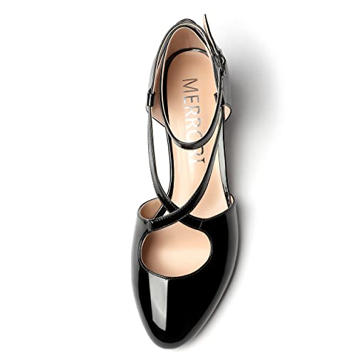 MERRORI Women's Block Buckle Ankle Strap Low Heel Pumps Patent Round Toe Solid Block Shoes 2 Inch3