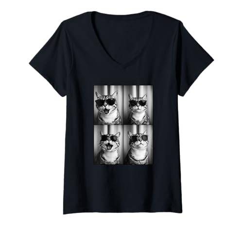 Mujer Funny Cat Selfie Photobooth | Gato con gafas de sol, risa de gato Camiseta Cuello V