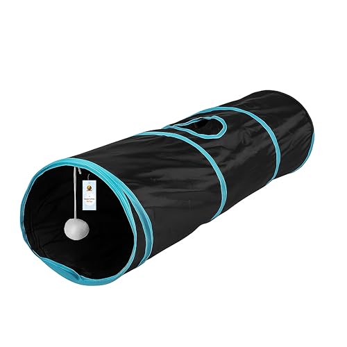 Image of Foodie Puppies Pet Foldable Straight Cat Tunnel (Blue & Black) for Cats, Kittens, Rabbits & Guinea Pigs | Interactive Play Tube with Peek Hole | Fun Indoor & Outdoor Hiding & Training Tunnel Cave