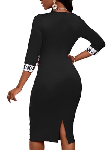 Women's 3/4 Sleeve Round Neck Casual Houndstooth Bodycon Wear to Work Pencil Sheath Midi Dresses4