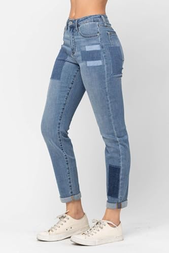 Judy Blue High Waist Double Rolled Cuff Patch Boyfriend Jeans for Women - 884992