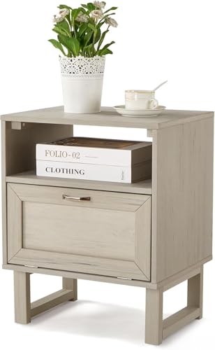 Image of Small Night Stand with Drawer, Wood End Table with Drawer Open Shelf, Small Night Stands for Bedrooms, 2-Tier Side Table for Bedroom, Dorm and Small Spaces