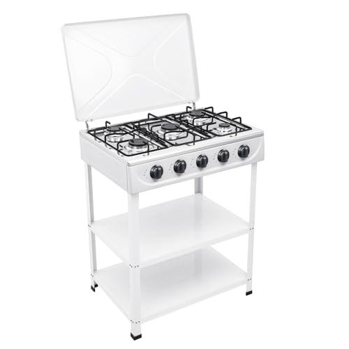 Estufa de gas, estufa de gas de 5 quemadores, 2,5 kW por quemador, para gas natural y gas licuado, con tablas de almacenamiento y cubierta, para exterior y camping (color blanco)