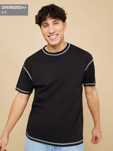 Image of Men's Oversized Crew Neck T-Shirt | Premium Cotton Blend | Contrast Stitch Detail | Half Sleeve Casual Solid Tee for Men