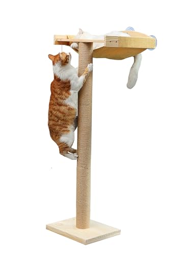 Image of Cat Window Perch with Tall Scratching Posts, Inside 46 inch Climbing Tree Hammmock Mounted with Suction Cups for Sleeping,Playing and Watching Birds