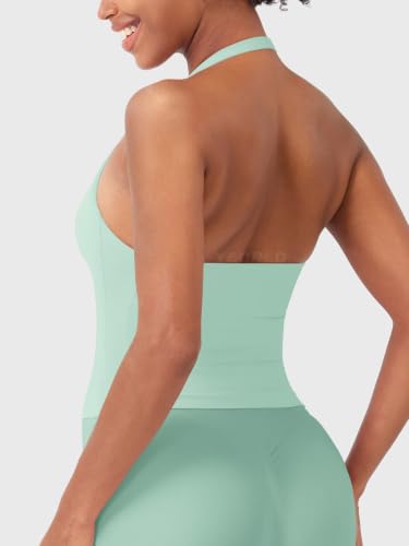 Image of YEOREO SoftHue Women's Impact Halter Tank Top Longline Backless Scoop Neck Built-in Bra Sports Workout Gym Crop Top