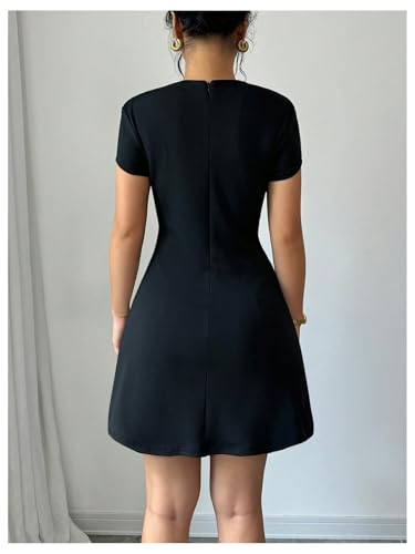 Image of SOLY HUX Women's Mock Neck Short Sleeve Dress A Line Flared Mini Dresses Pure Black Medium