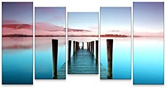 Calming Wall Art for Living Room, SZ 5 Piece Beautiful Pier Canvas Painting Prints of Dock on Mist Lake Picture, a Wharf to Dream World Seaside Landscapes (Bracket Mounted, Waterproof Artwork, Large)