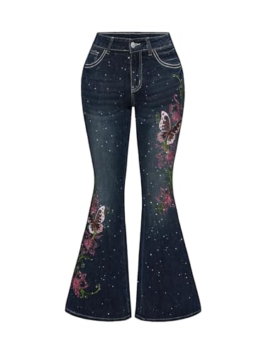SOLY HUX Women's Y2k Bell Bottom Jeans Butterfly Embroidery Casual Denim Flare Pants Blue Butterfly Large