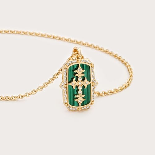 Fettero Necklaces for Women Trendy 14K Gold Plated Charm Necklace Green Malachite Heart Coin Butterfly Cross Clover Pendant Dainty Gold Necklace for Women Jewelry