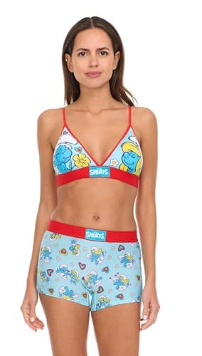 COCO BRANDS The Smurfs Womens Sports Bra & Boxer Briefs Set - Triangle Bra with Adjustable Straps & Removable Pads, Size Large, Smurf Blue Hearts