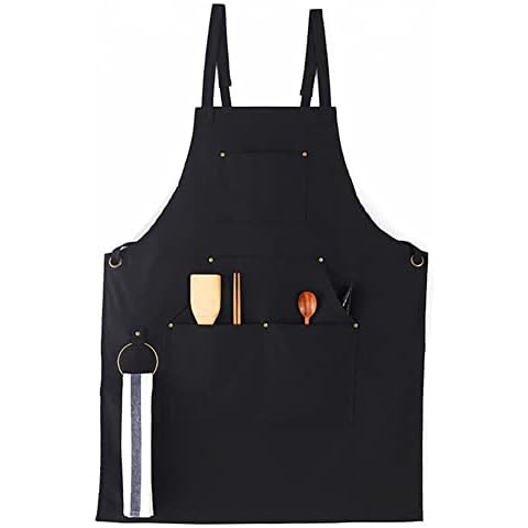 Muulaii Canvas Chef Apron, Cross Back Apron for Men Women with Adjustable Straps Metal Loop and Large Pockets, Black Cover