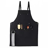 Muulaii Canvas Chef Apron, Cross Back Apron for Men Women with Adjustable Straps Metal Loop and Large Pockets, Black