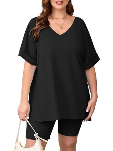 Image of AusLook Women's Plus Size 2 Piece Short Outfits Set Short Sleeve Tops and Shorts Pants Lounge Jogging outfits Matching Set