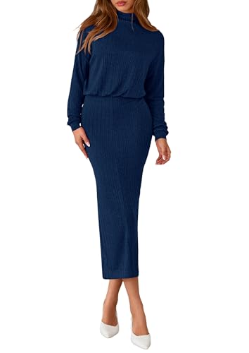 PRETTYGARDEN Turtle Neck Dresses for Women 2025 Fall Knit Outfits Slit Elastic Waist Long Sleeve Bodycon Midi Sweater Dress (Navy,Medium)
