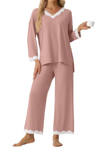 PrinStory Womens Pajamas Sets 2 Piece V Neck Pj Set with Lace Trim - Image 1