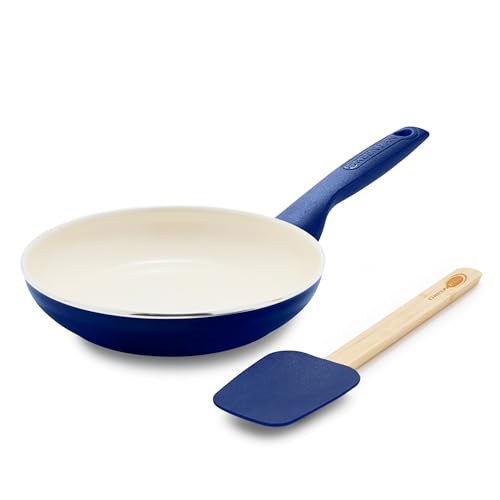 GreenPan Rio 8" Frying Pan and Spatula Set, Soft Grip Handle, PFAS Free, Dishwasher Safe, Oven Safe, Oxford Blue