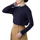 [FLUTE.MF] レディース 長袖 綿100％ プルオーバー フリル ストレッチ ロンT トレーナー メロー シンプル 定番 おしゃれ着 カットソー 無地 お出かけ 春 夏 秋 冬(ネイビー系, 3L)