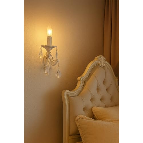TEKHOME Applique da Parete Classica in Cristallo E14, Lampada da Muro Elegante con Pendenti in Vetro per Camera da Letto e Soggiorno, Stile Classico Europeo – E01-1