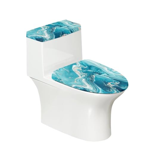 GLENLCWE Teal Marble Toilet Cover and Tank Lid Cover Soft 2-Piece Modern Toilet Cover Cover Set Home Decor Easy Care Toilet Lid Tank Protective Cover with Elastic Edge