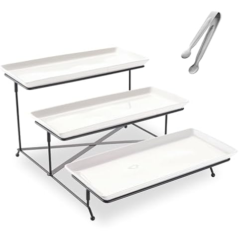 CHILDIKE 3 Tier Serving Tray Set Tiered Serving Platters, Dessert Table Display Set, Serving Dishes for Entertaining, Collapsible Sturdier Stand with Stable Cross Bars (14Inch White Plate+Black Stand) Cover