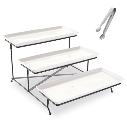 CHILDIKE 3 Tier Serving Tray for Party, Fruit Dessert Tiered Display Stand with White Ceramic Tray, 14 inch Serving Dish Platters for Entertaining with Collapsible Sturdier Black Iron Rack