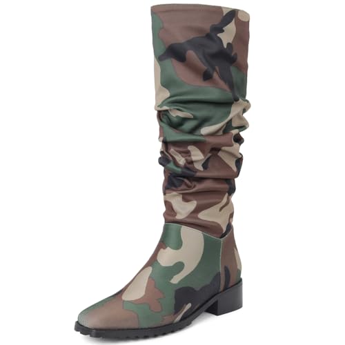 YIYA Women's Camouflage Slouchy Knee High Boots Square Toe Chunky Flat Heel Riding Combat Tall Pull On Boots