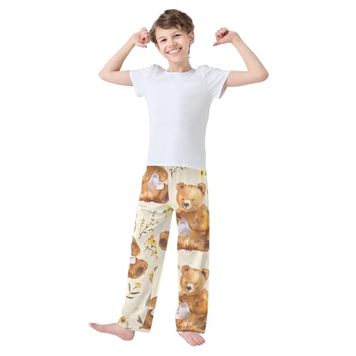 ZZXXB Bear Florals Print Boys Long Pants Soft Trousers Elastic Waist Kids Lounge Bottoms with Pockets S-XL2