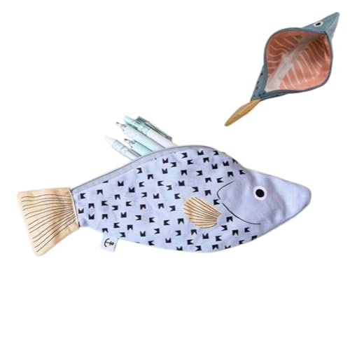 Estojo de lápis em forma de peixe, design de peixe achatado, durável, bolsa de armazenamento com zíper para escola, escritório, viagem, azul