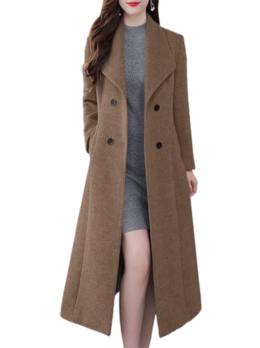 ebossy Women's Shawl Collar Double Breasted Below Knee Slim Wool Trench Long Coat, Brown, Small