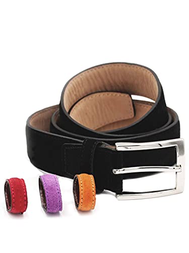 BGENTS Cinturón de piel de ante para hombre y mujer en azul, amarillo azafrán, azul y otros colores de moda con tres correas de cambio adicionales en contraste., Negro , 95 cm ((longitud total 110