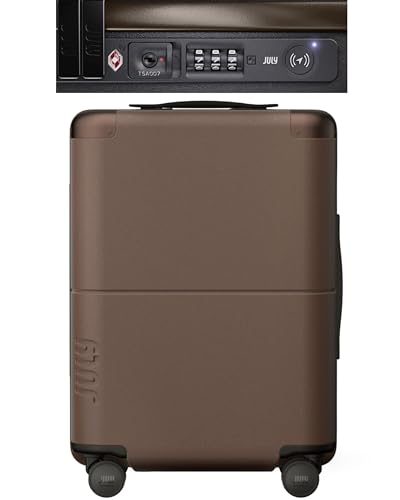 July Carry On with CaseSafe - 20 Built in Tracking Airline Approved Carry On Luggage with Wheels Travel Suitcase for Men & Women - Polycarbonate Shell USB Ports & Ejectable Battery - Dark Brown