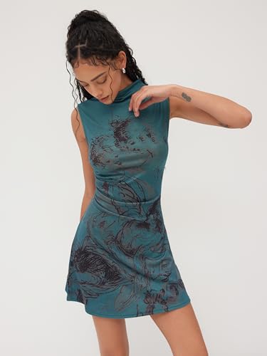 CIDER Mini Dress Graphic Ruched High Waist Sleeveless Stand Neck Figure Print Party Club Going Out3