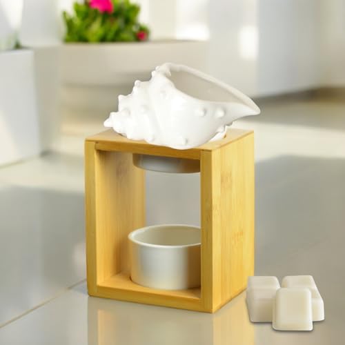 Quema Perfume Shell – Quemador de Fondant Cera Perfumada – Difusor de Aceite Esencial y Ambiente – Candelabro de Aromaterapia con Vela de Madera y Cerámica – Altura: 12 cm - imagen 10