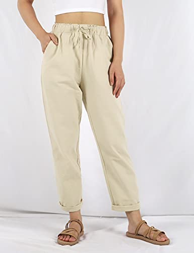 Yeokou Women's Casual Loose Baggy Linen Drawstring Summer Thin Cropped Harem Pants (#1 Khaki, Medium) #TOP3
