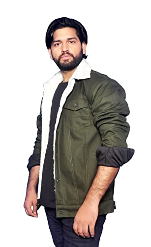 ATHRZ Men Woolen Fur Winter Full Sleeve Denim Jacket Green - Image 3
