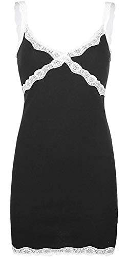 Rleuff Women's V Neck Lace Patchwork Spaghetti Strap Camisole Dresses Criss-Cross with Lace Y2K Mini Dress Black L
