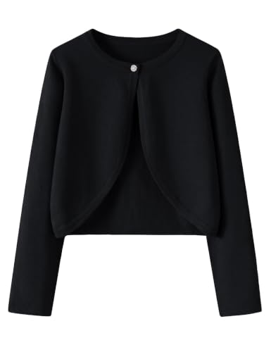 Yekaty Girls Cardigan Open Front Black Shrug Knit Sweater Children Crystal Button Closure Girls Sweaters Size 7-8