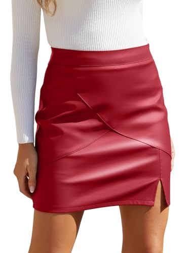 We1Fit Womens Fuax Leather Skirt High Waisted Bodycon Pencil Mini Skirts with Shorts Red