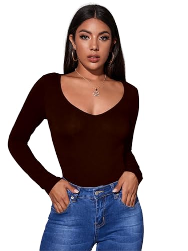 Image of Aahwan Women Cotton Blend Solid V-Neck Full Sleeves Fitted Tee Top