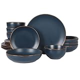 Gibson Home Hazeltine 16 Piece Plates and Bowls Dishes Stoneware Ceramic Dinnerware Set - Navy Blue
