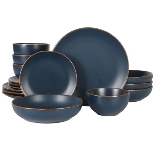 Gibson Home Hazeltine 16-Piece Navy Blue Stoneware Dinnerware Set – Plates and Bowls, Durable Ceramic Kitchen Dinner Set